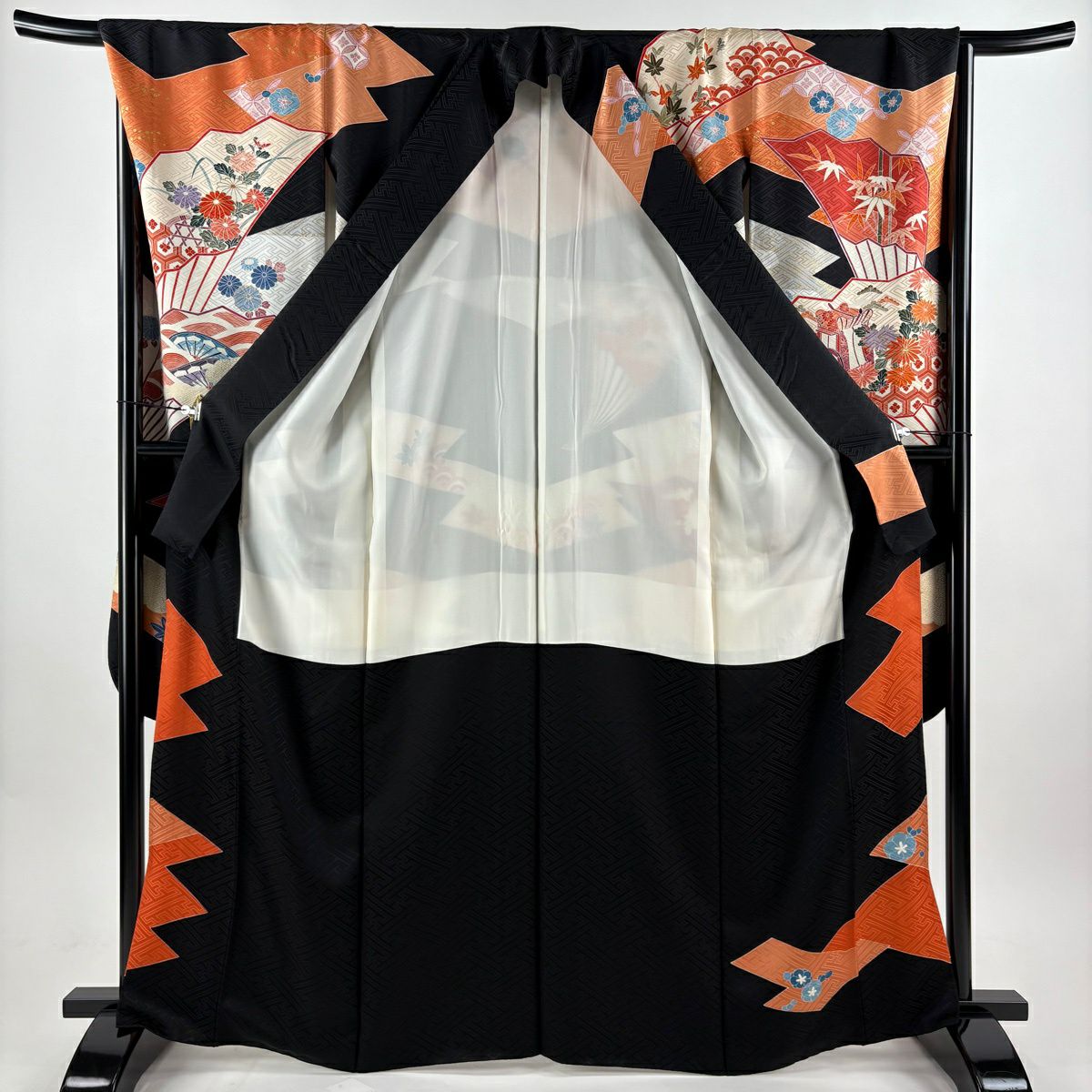 振袖禮服 身長166.5cm 袖長69cm L 雙層 御所車 青木 金絲 金銀彩 黑 純蠶絲 名品級
