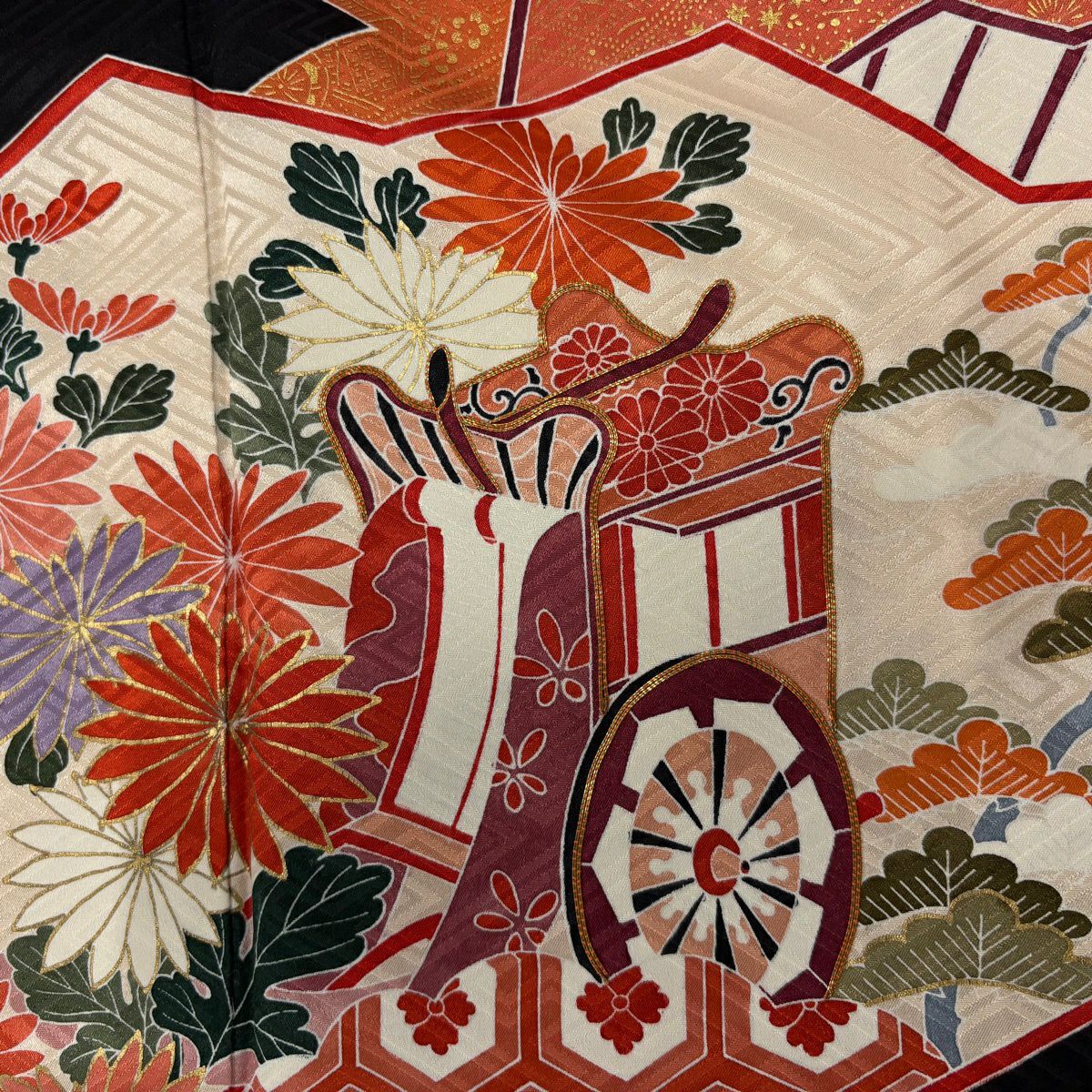 振袖禮服 身長166.5cm 袖長69cm L 雙層 御所車 青木 金絲 金銀彩 黑 純蠶絲 名品級