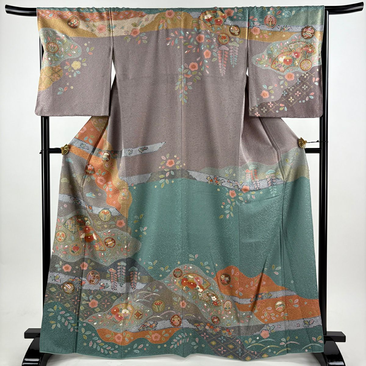 【美品】訪問服 身長167.5cm 袖長68.5cm L 雙層 扇子面 草花紋紋 金彩裝飾 染分 灰紫 純蠶絲 名品級