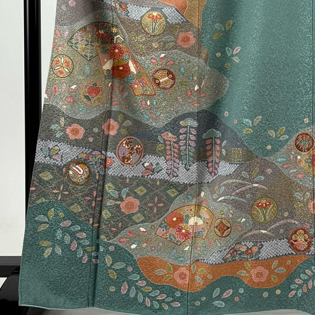 【美品】訪問服 身長167.5cm 袖長68.5cm L 雙層 扇子面 草花紋紋 金彩裝飾 染分 灰紫 純蠶絲 名品級