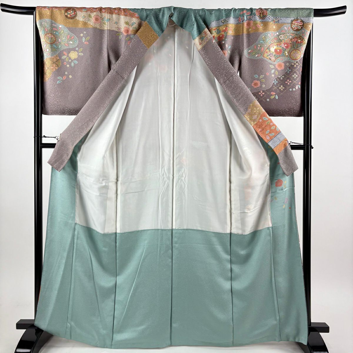 【美品】訪問服 身長167.5cm 袖長68.5cm L 雙層 扇子面 草花紋紋 金彩裝飾 染分 灰紫 純蠶絲 名品級