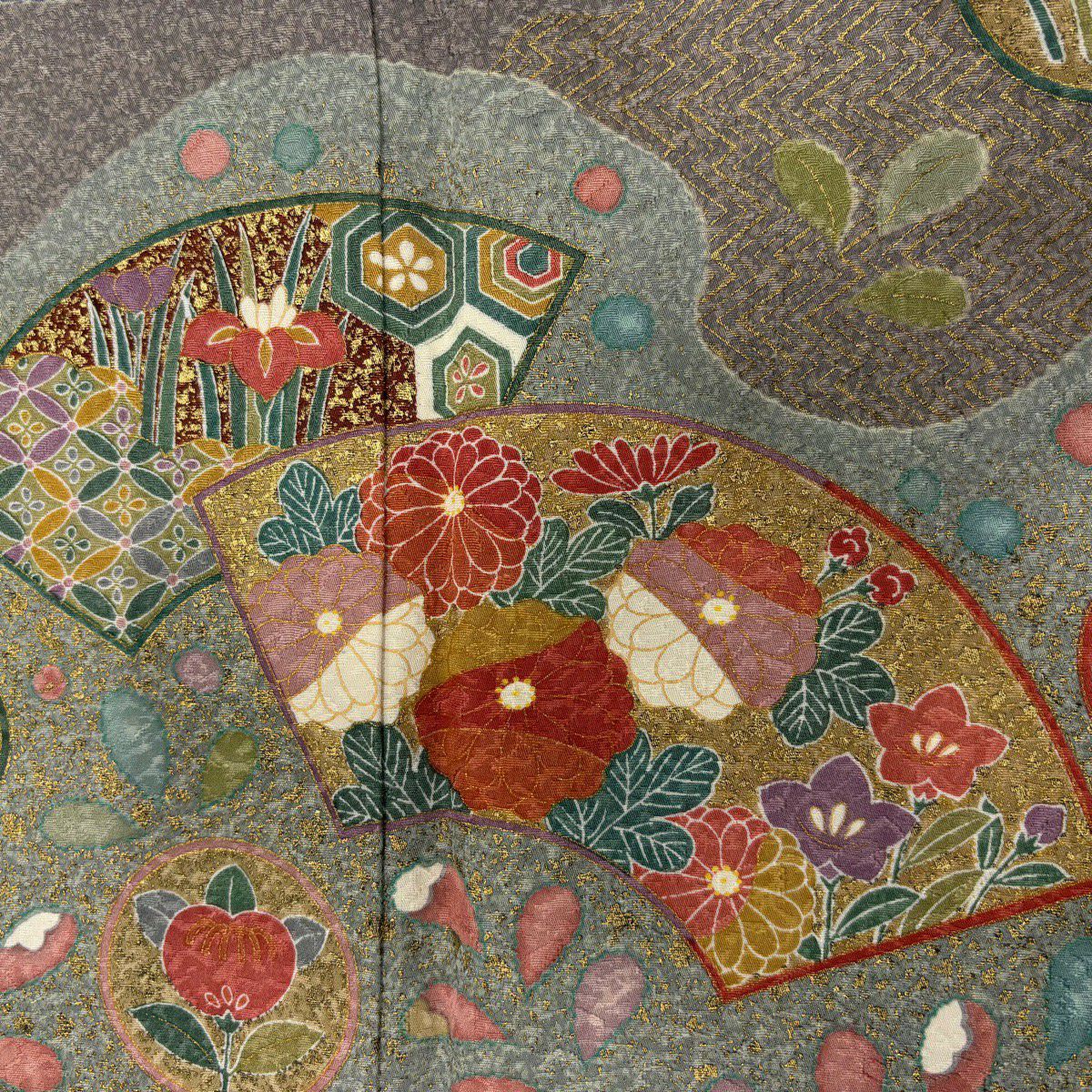 【美品】訪問服 身長167.5cm 袖長68.5cm L 雙層 扇子面 草花紋紋 金彩裝飾 染分 灰紫 純蠶絲 名品級