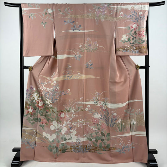 訪問服 身長168.5cm 袖長66.5cm M 雙層 牡丹 秋草 金彩裝飾 粉米色 純蠶絲 名品級