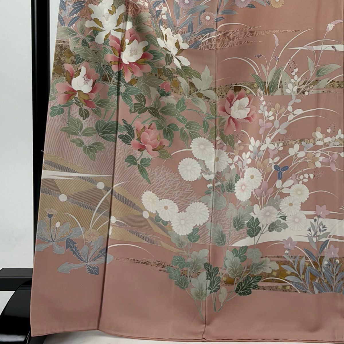 訪問服 身長168.5cm 袖長66.5cm M 雙層 牡丹 秋草 金彩裝飾 粉米色 純蠶絲 名品級