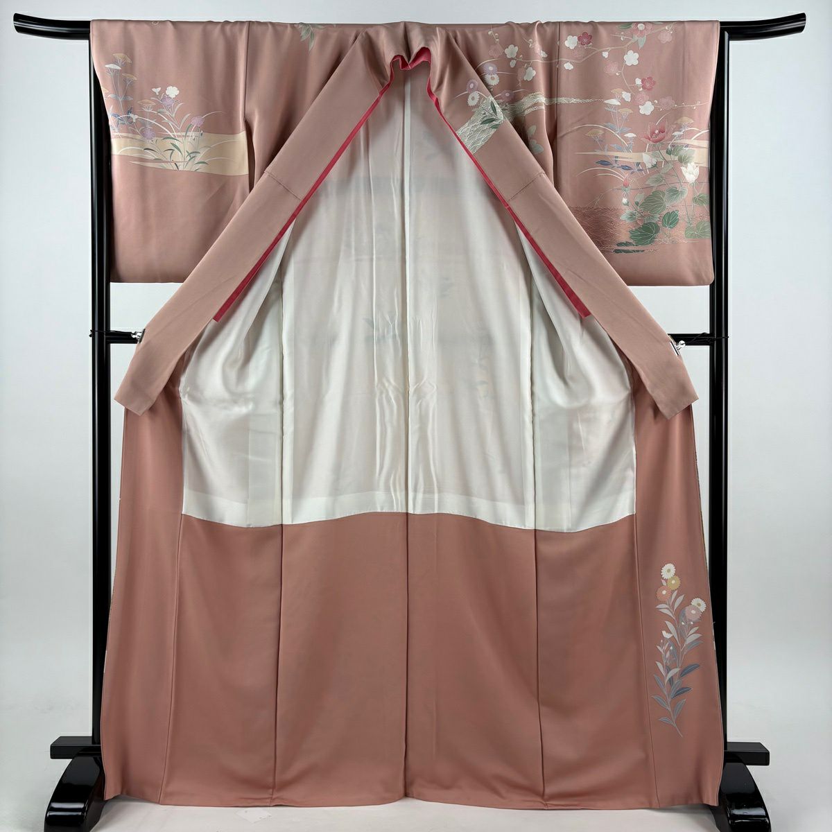 訪問服 身長168.5cm 袖長66.5cm M 雙層 牡丹 秋草 金彩裝飾 粉米色 純蠶絲 名品級