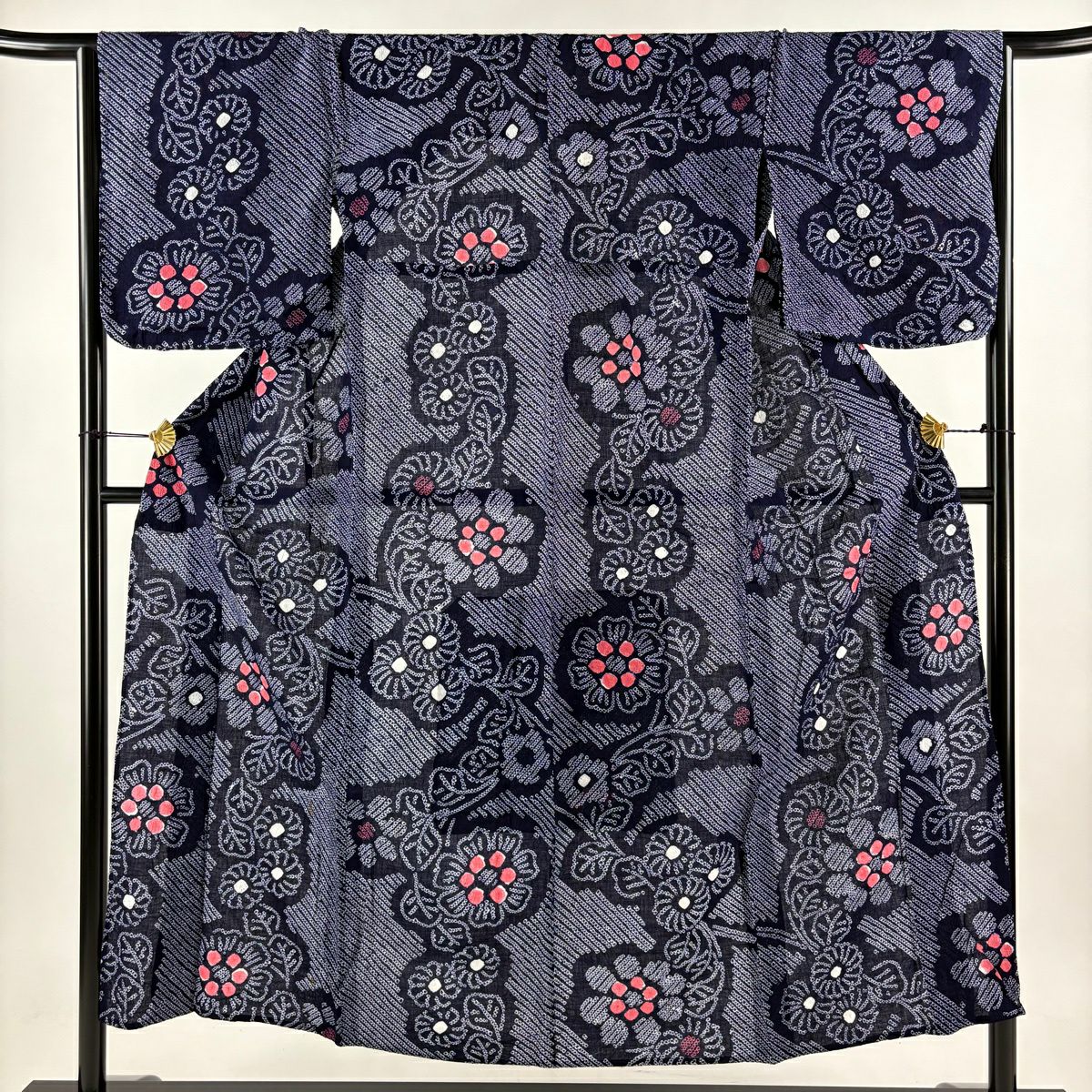 浴衣 身長152.5cm 袖長65cm M 花紋 深藍 棉 名品級