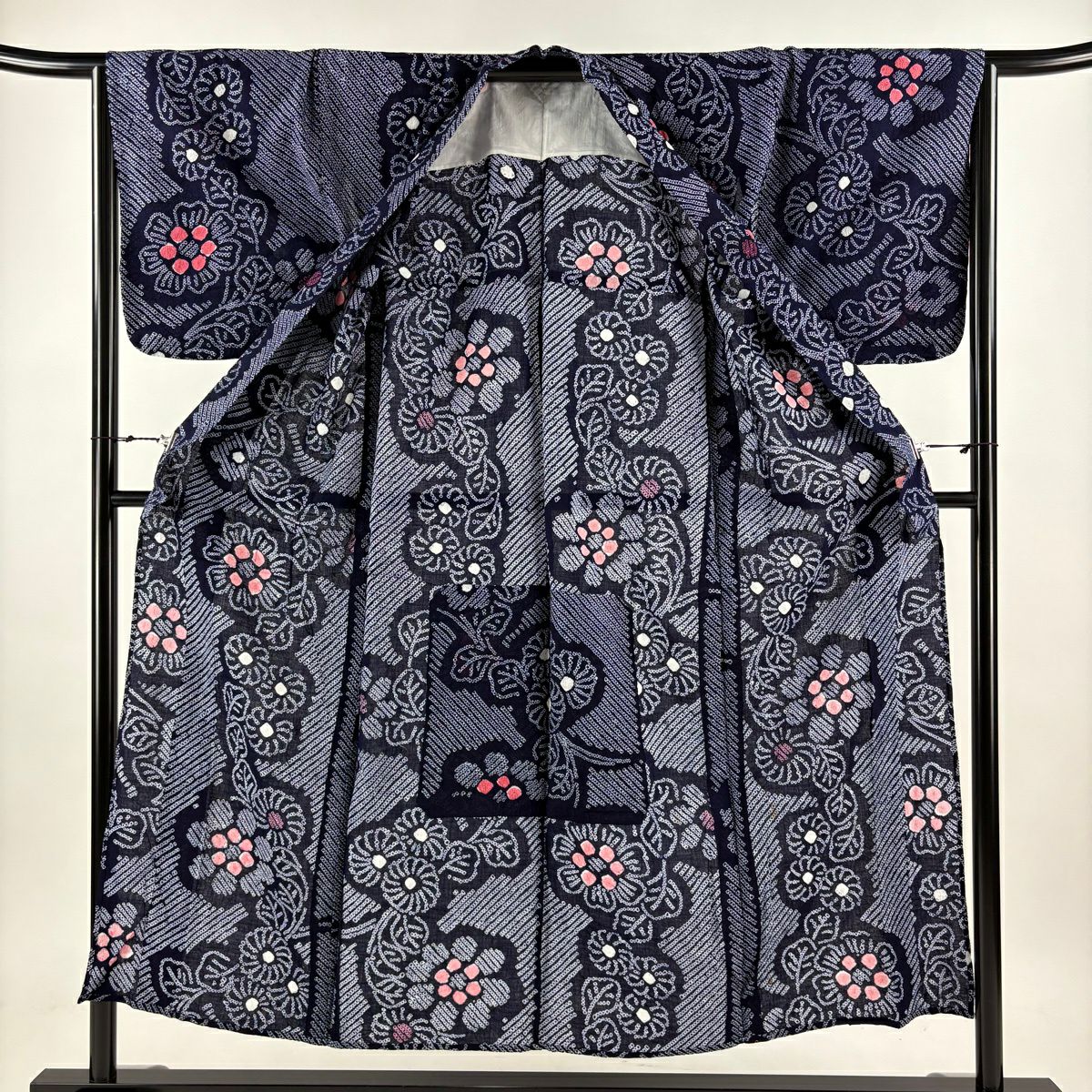 浴衣 身長152.5cm 袖長65cm M 花紋 深藍 棉 名品級