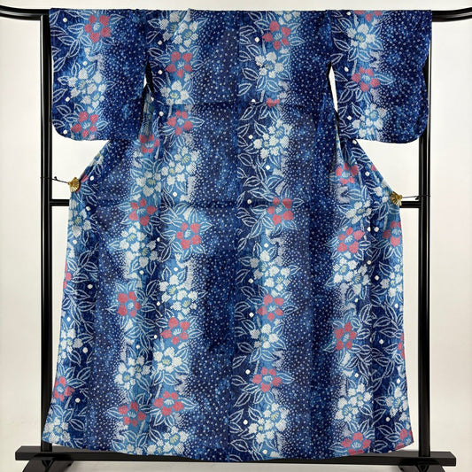 【美品】 浴衣 身長159.5cm 袖長67cm M 絞染浴衣 草花紋 深藍 純棉 名品級