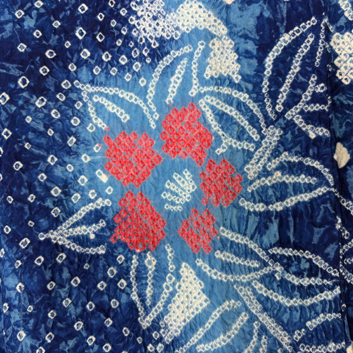 【美品】 浴衣 身長159.5cm 袖長67cm M 絞染浴衣 草花紋 深藍 純棉 名品級