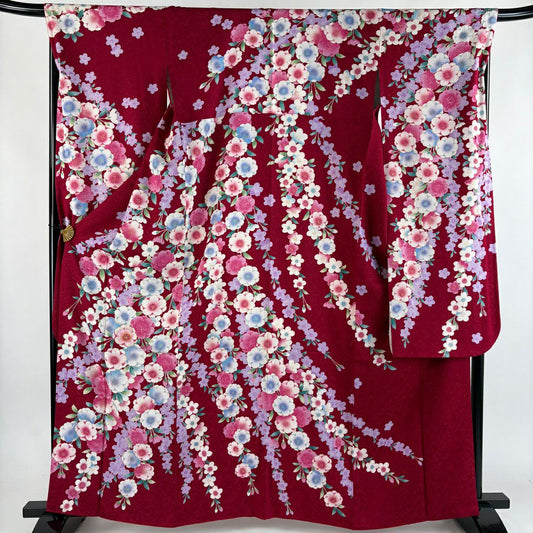 【美品】振袖禮服 身長163cm 袖長69cm L 雙層 櫻花 刺繡 銀通し 紅 純蠶絲 名品級