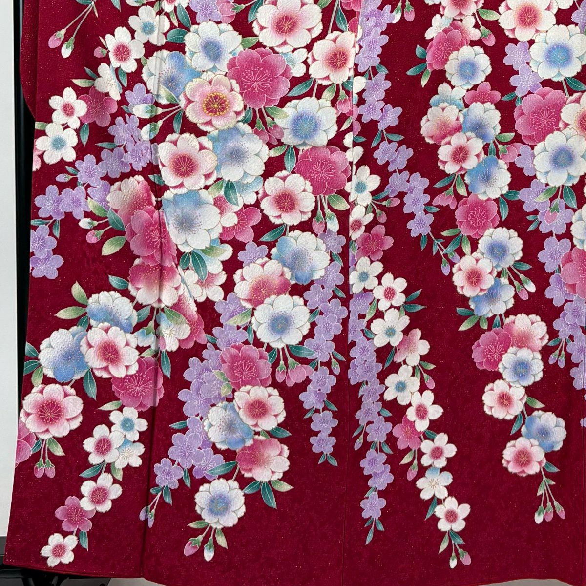 【美品】振袖禮服 身長163cm 袖長69cm L 雙層 櫻花 刺繡 銀通し 紅 純蠶絲 名品級