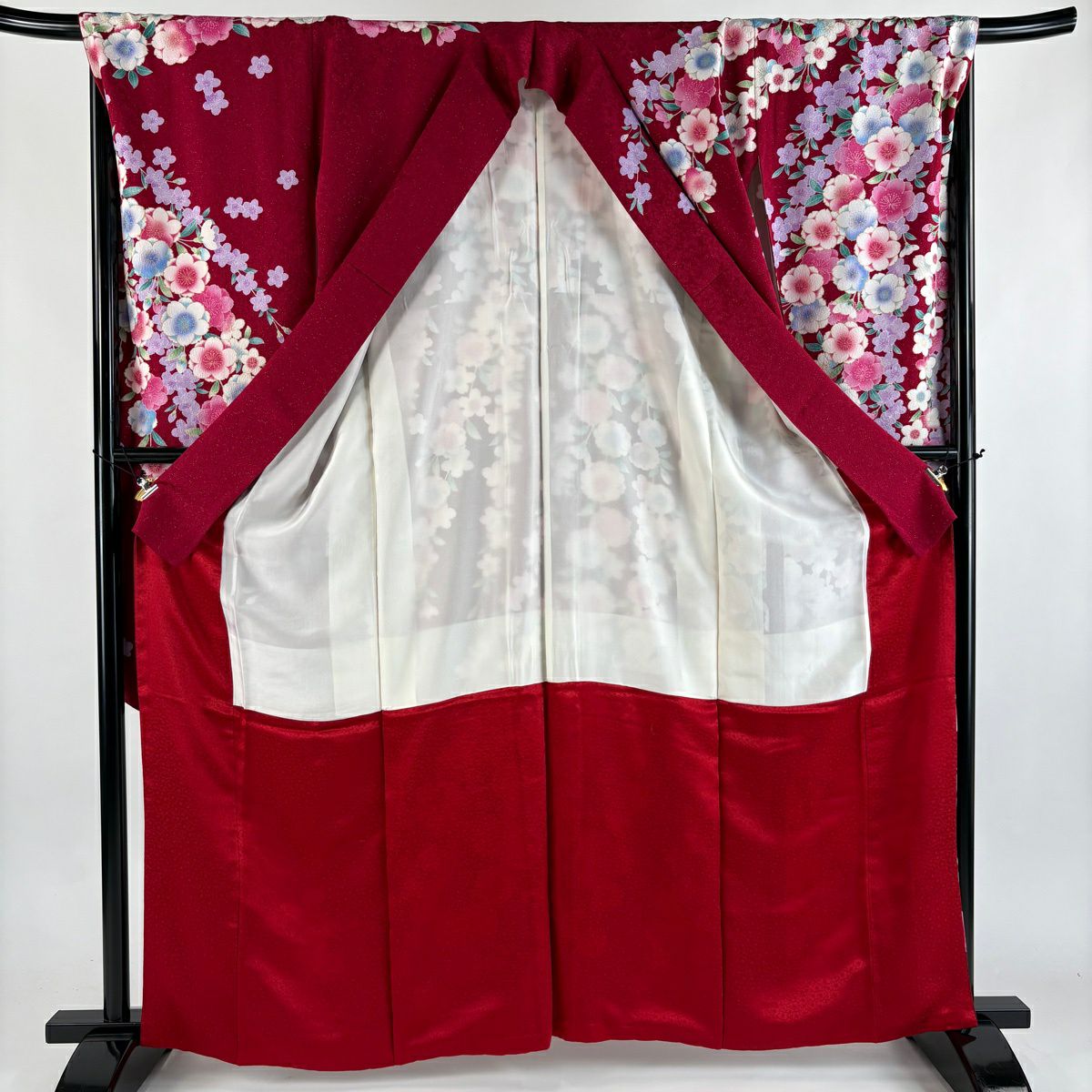 【美品】振袖禮服 身長163cm 袖長69cm L 雙層 櫻花 刺繡 銀通し 紅 純蠶絲 名品級