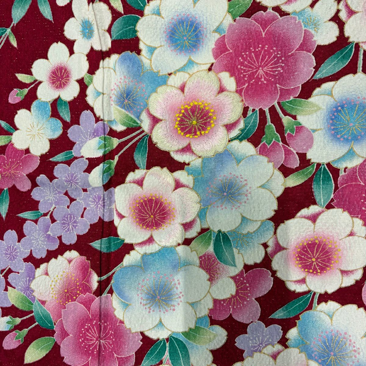 【美品】振袖禮服 身長163cm 袖長69cm L 雙層 櫻花 刺繡 銀通し 紅 純蠶絲 名品級