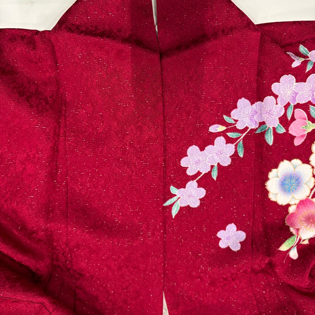 【美品】振袖禮服 身長163cm 袖長69cm L 雙層 櫻花 刺繡 銀通し 紅 純蠶絲 名品級