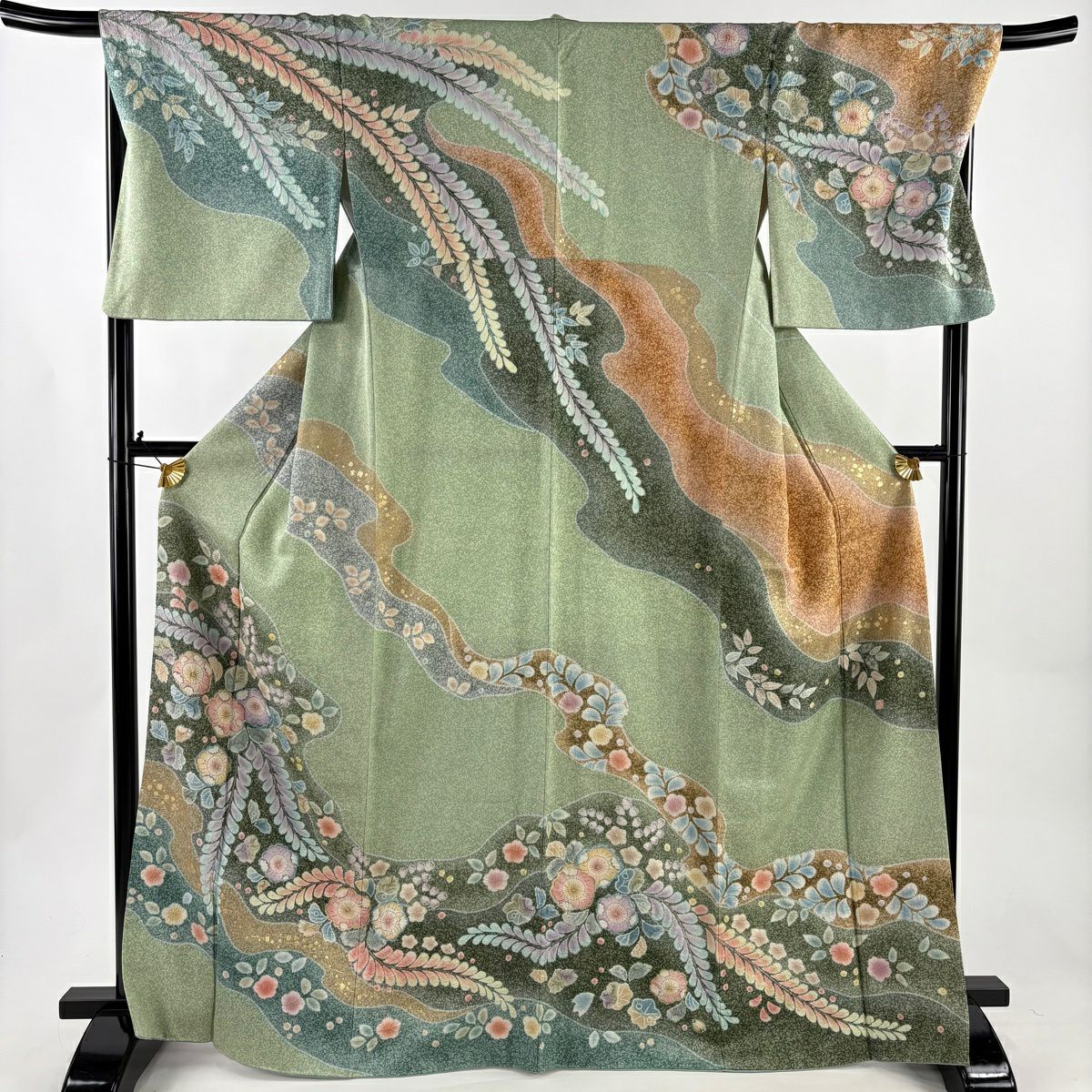 【美品】訪問服 身長166.5cm 袖長69cm L 雙層 落款あり 辻花染 金銀彩 金通し 薄綠 純蠶絲 名品級