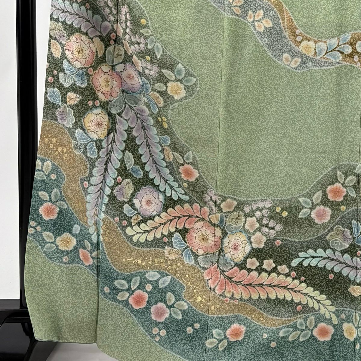【美品】訪問服 身長166.5cm 袖長69cm L 雙層 落款あり 辻花染 金銀彩 金通し 薄綠 純蠶絲 名品級