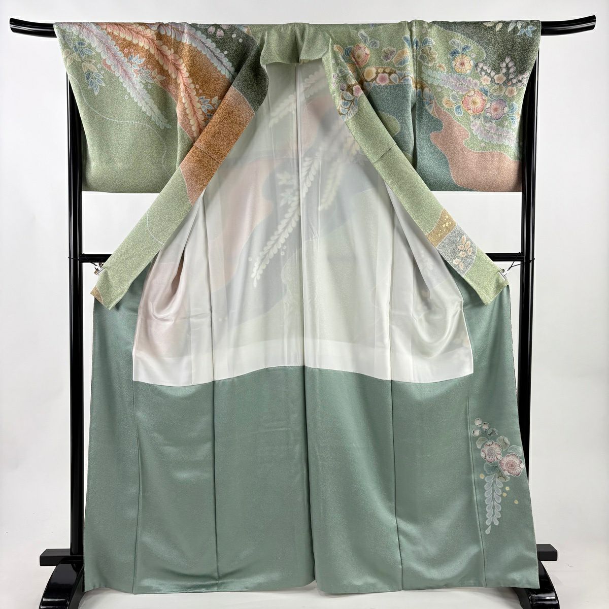 【美品】訪問服 身長166.5cm 袖長69cm L 雙層 落款あり 辻花染 金銀彩 金通し 薄綠 純蠶絲 名品級
