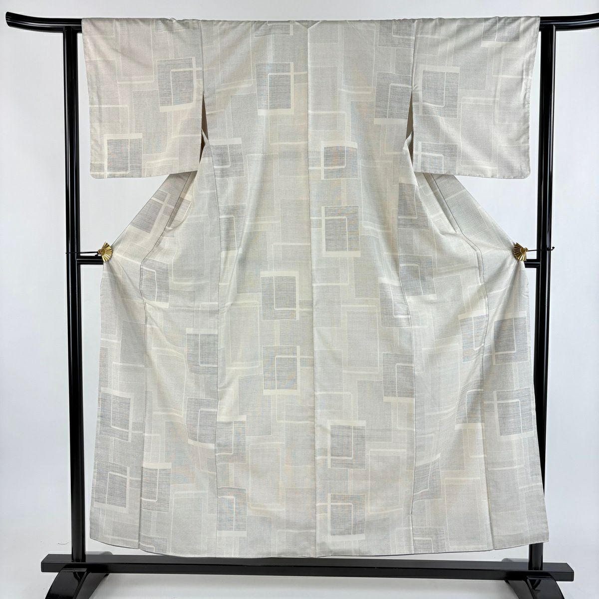 大島紬織 身長156.5cm 袖長62.5cm S 雙層 一矢 落款あり 證書あり 幾何學圖案 蚊絣 灰 純蠶絲 名品級