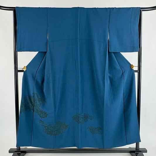 付下 身長154cm 袖長65cm M 雙層 華紋 逆さ雲取り 刺繡 青綠 純蠶絲 名品級