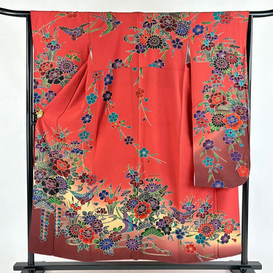 【美品】振袖禮服 身長154cm 袖長65.5cm M 雙層 草花紋紋 鳥 逐漸染 茜色 純蠶絲 名品級