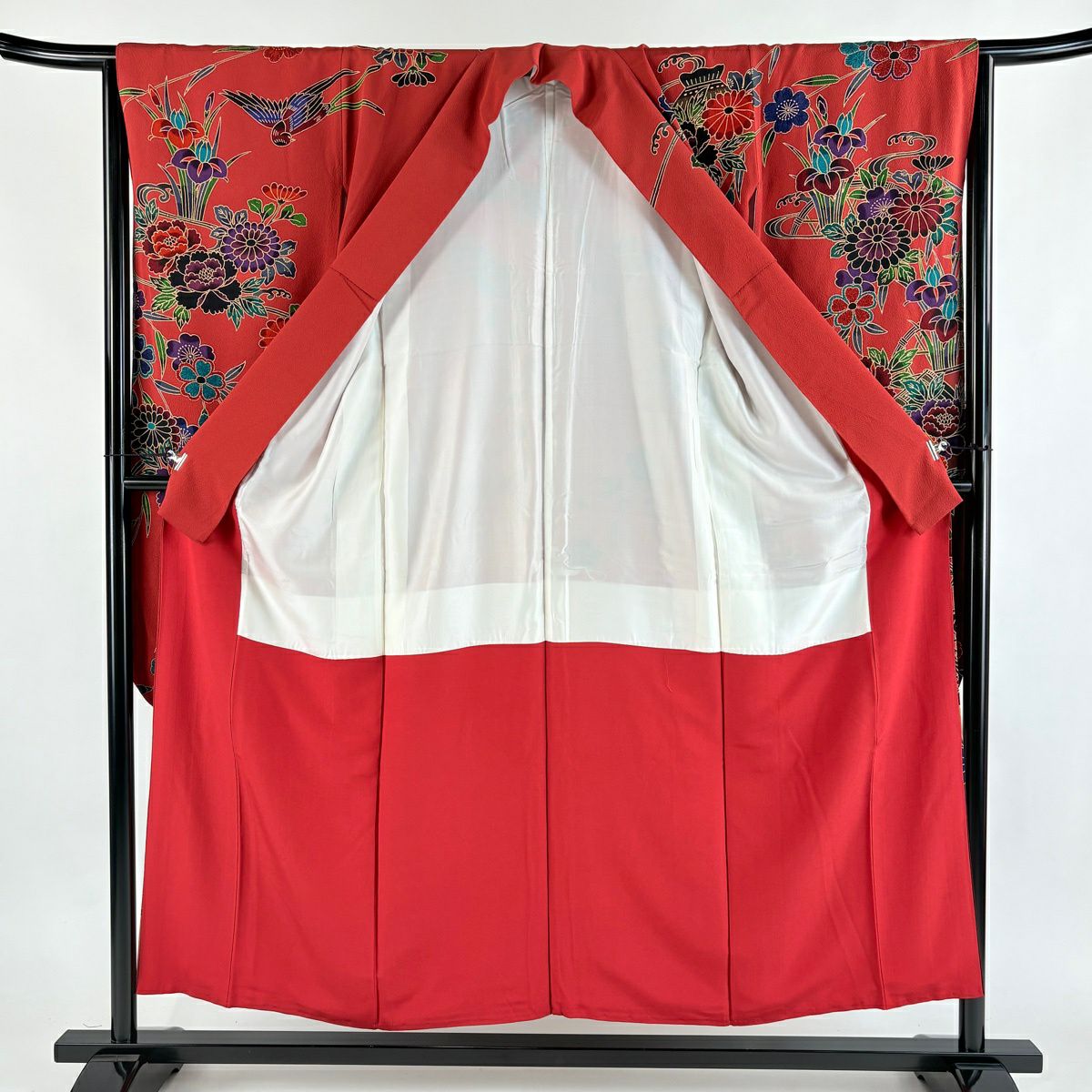 【美品】振袖禮服 身長154cm 袖長65.5cm M 雙層 草花紋紋 鳥 逐漸染 茜色 純蠶絲 名品級