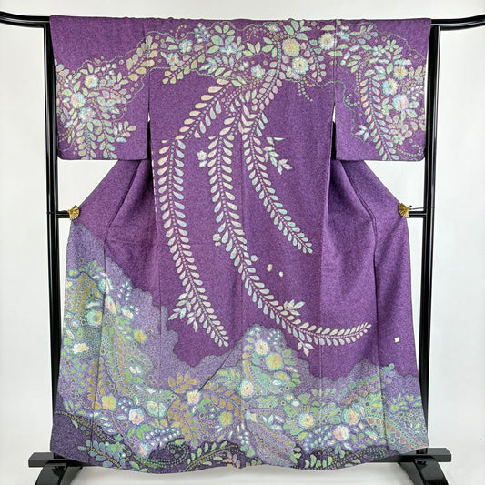 訪問服 身長159.5cm 袖長65.5cm M 雙層 落款あり 辻花染 金銀彩 紫 純蠶絲 名品級