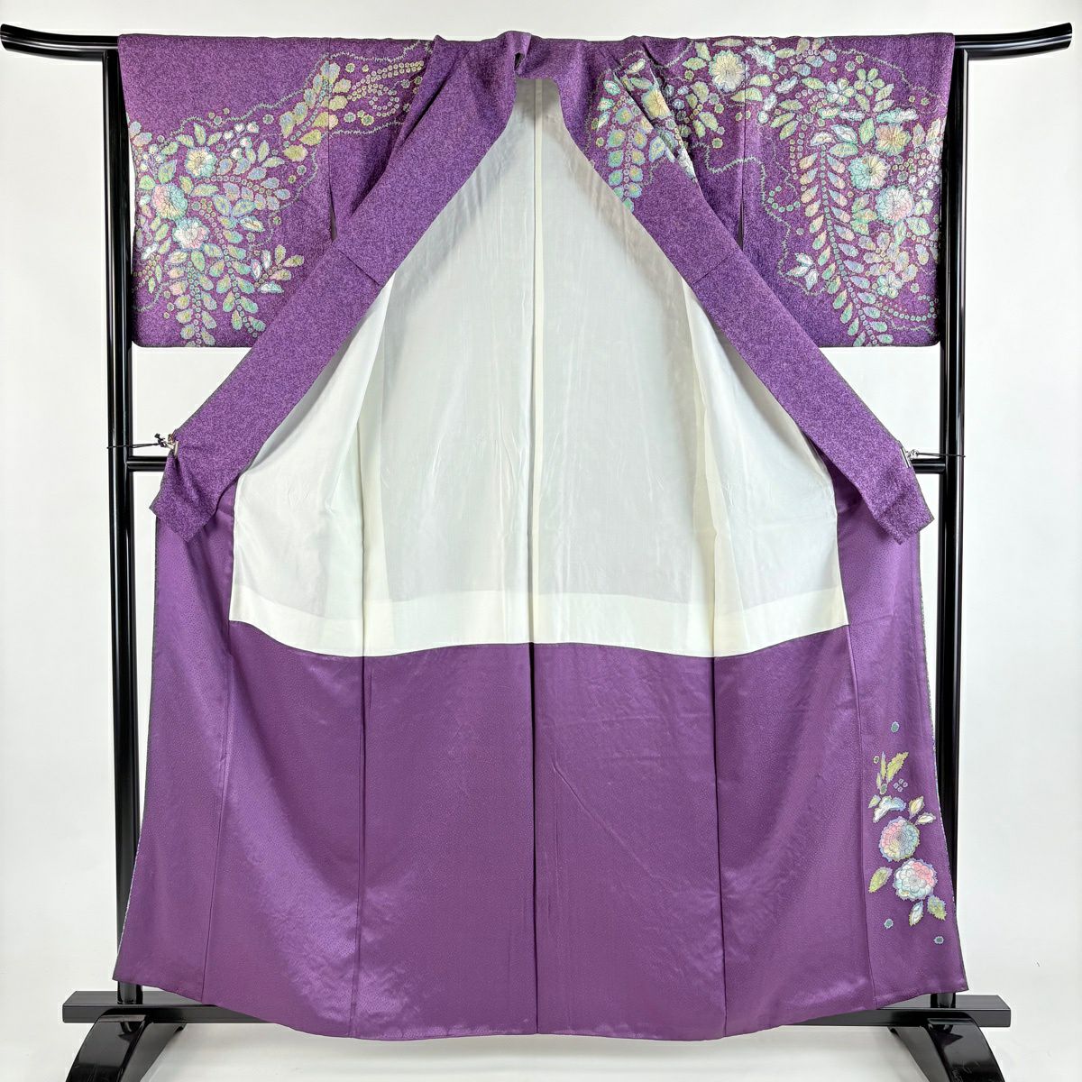 訪問服 身長159.5cm 袖長65.5cm M 雙層 落款あり 辻花染 金銀彩 紫 純蠶絲 名品級