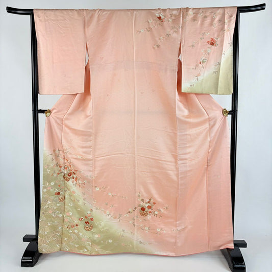 訪問服 身長166.5cm 袖長67cm M 雙層 吾妻德穗 落款 花籠 波頭 金銀彩 漸層 粉紅 純蠶絲 名品級