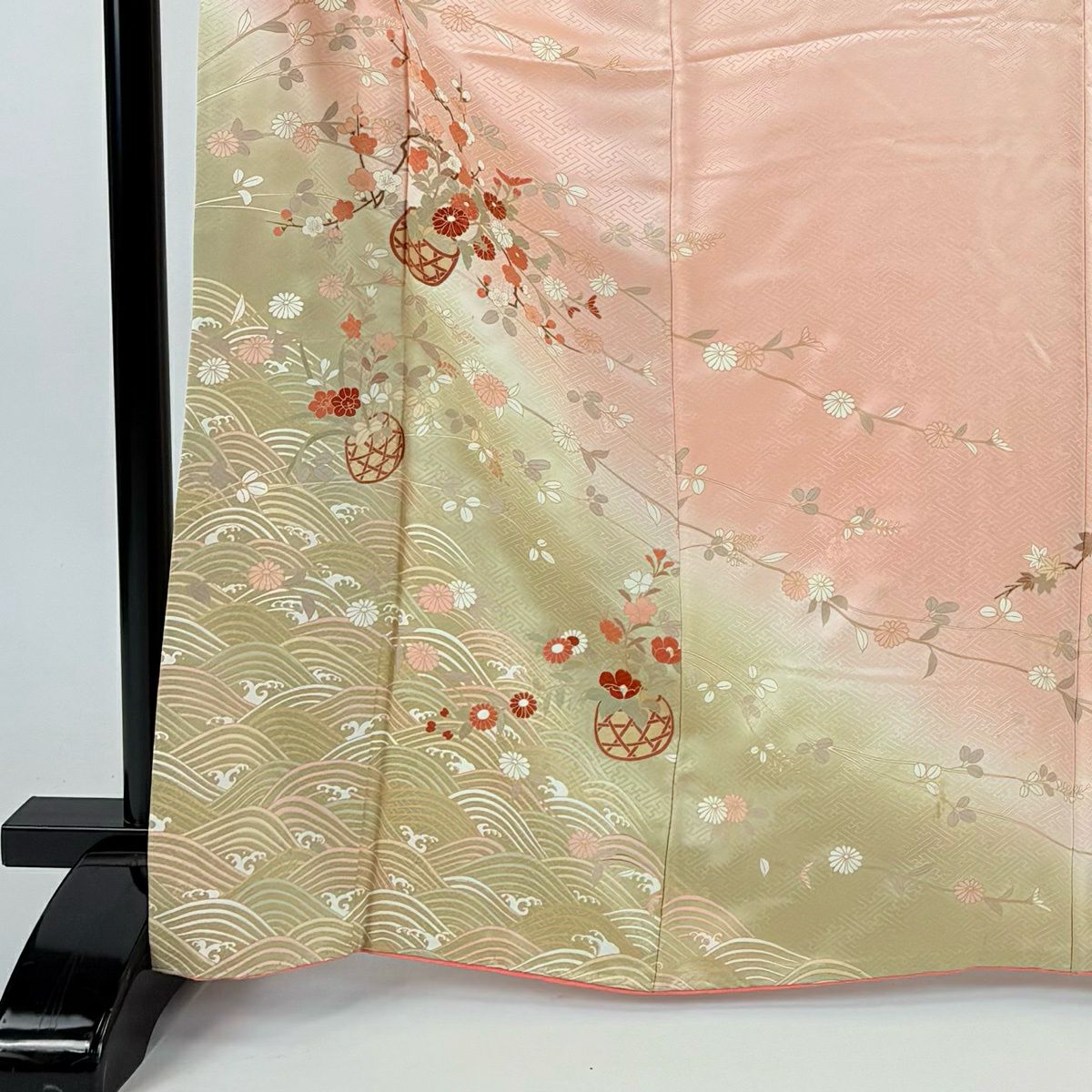 訪問服 身長166.5cm 袖長67cm M 雙層 吾妻德穗 落款 花籠 波頭 金銀彩 漸層 粉紅 純蠶絲 名品級