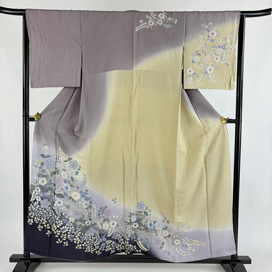訪問服 身長155.5cm 袖長65cm M 雙層 辻花染 金彩裝飾 漸層 灰紫 純蠶絲 名品級