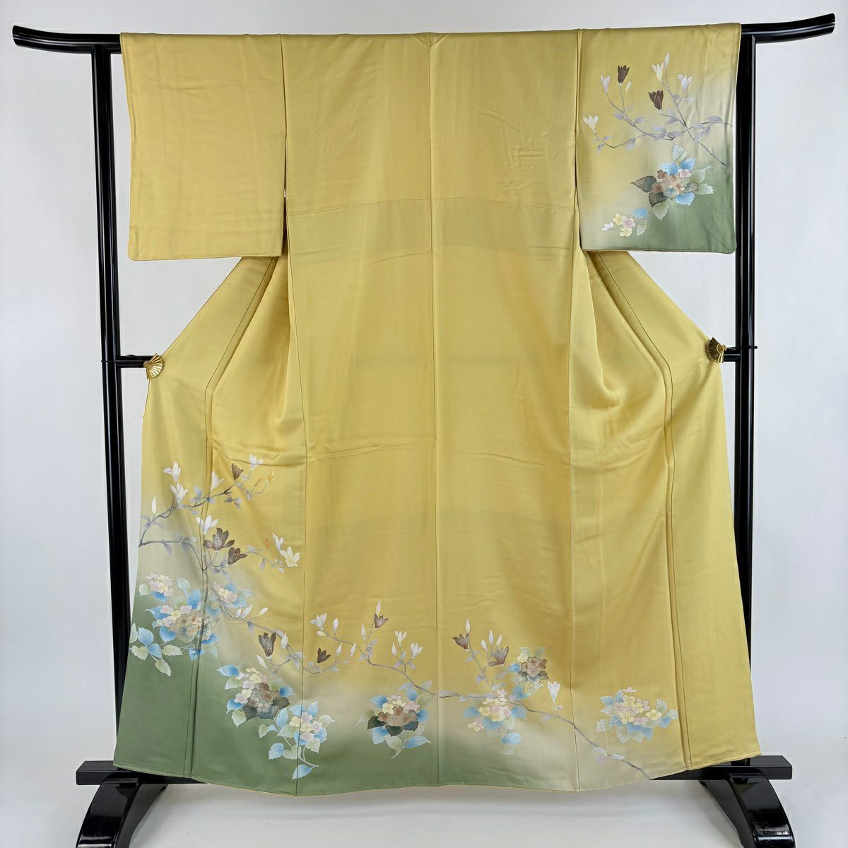 訪問服 身長161.5cm 袖長64cm M 雙層 枝花 紫陽花 金銀彩 漸層 黃土 純蠶絲 名品級