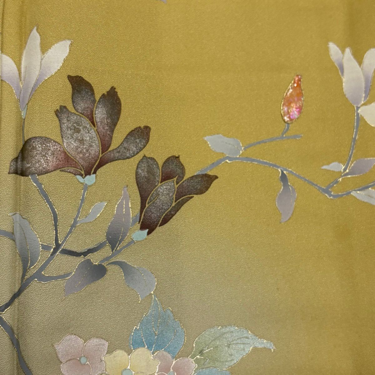 訪問服 身長161.5cm 袖長64cm M 雙層 枝花 紫陽花 金銀彩 漸層 黃土 純蠶絲 名品級