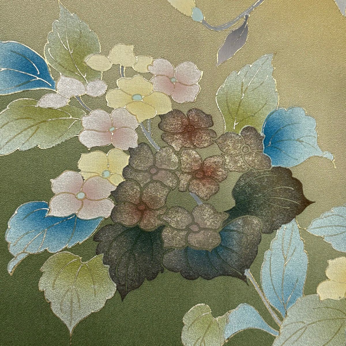 訪問服 身長161.5cm 袖長64cm M 雙層 枝花 紫陽花 金銀彩 漸層 黃土 純蠶絲 名品級