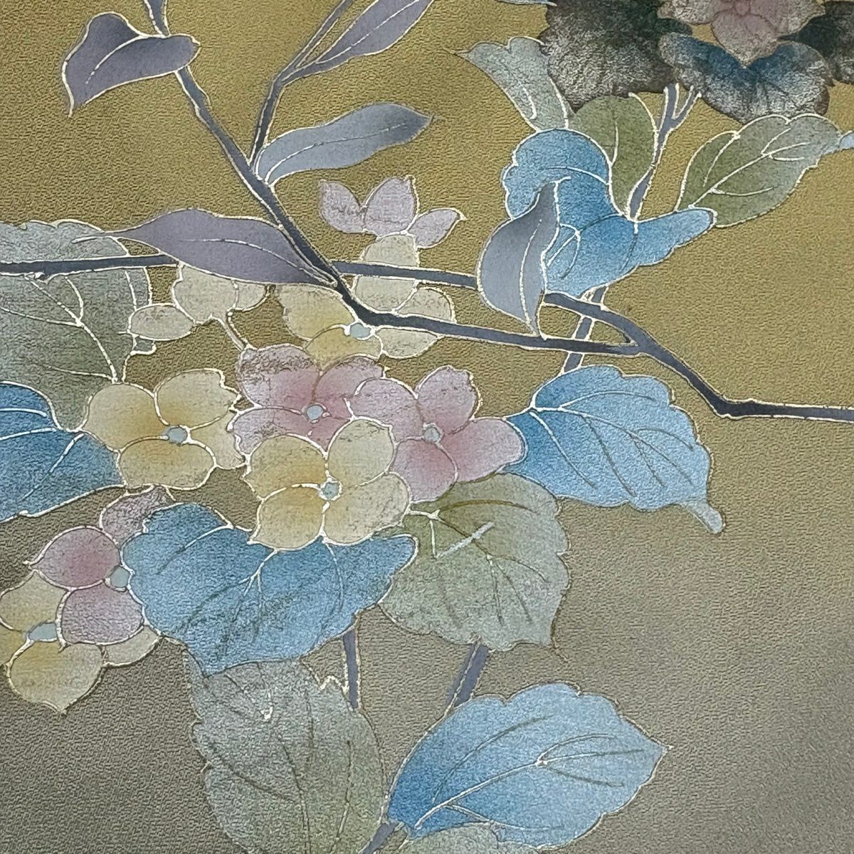 訪問服 身長161.5cm 袖長64cm M 雙層 枝花 紫陽花 金銀彩 漸層 黃土 純蠶絲 名品級