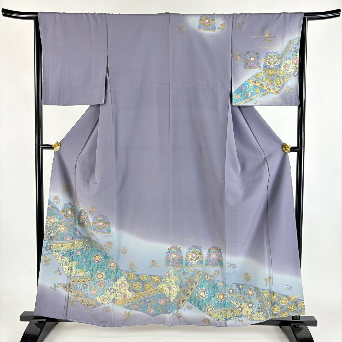 訪問服 身長160cm 袖長65.5cm M 雙層 華紋 花唐草紋 刺繡 金糸 灰紫 純蠶絲 名品級
