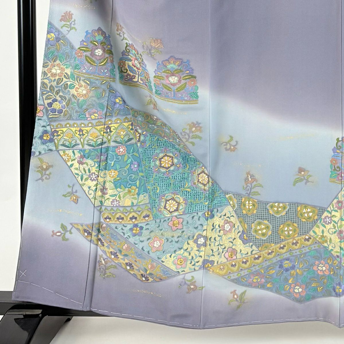 訪問服 身長160cm 袖長65.5cm M 雙層 華紋 花唐草紋 刺繡 金糸 灰紫 純蠶絲 名品級