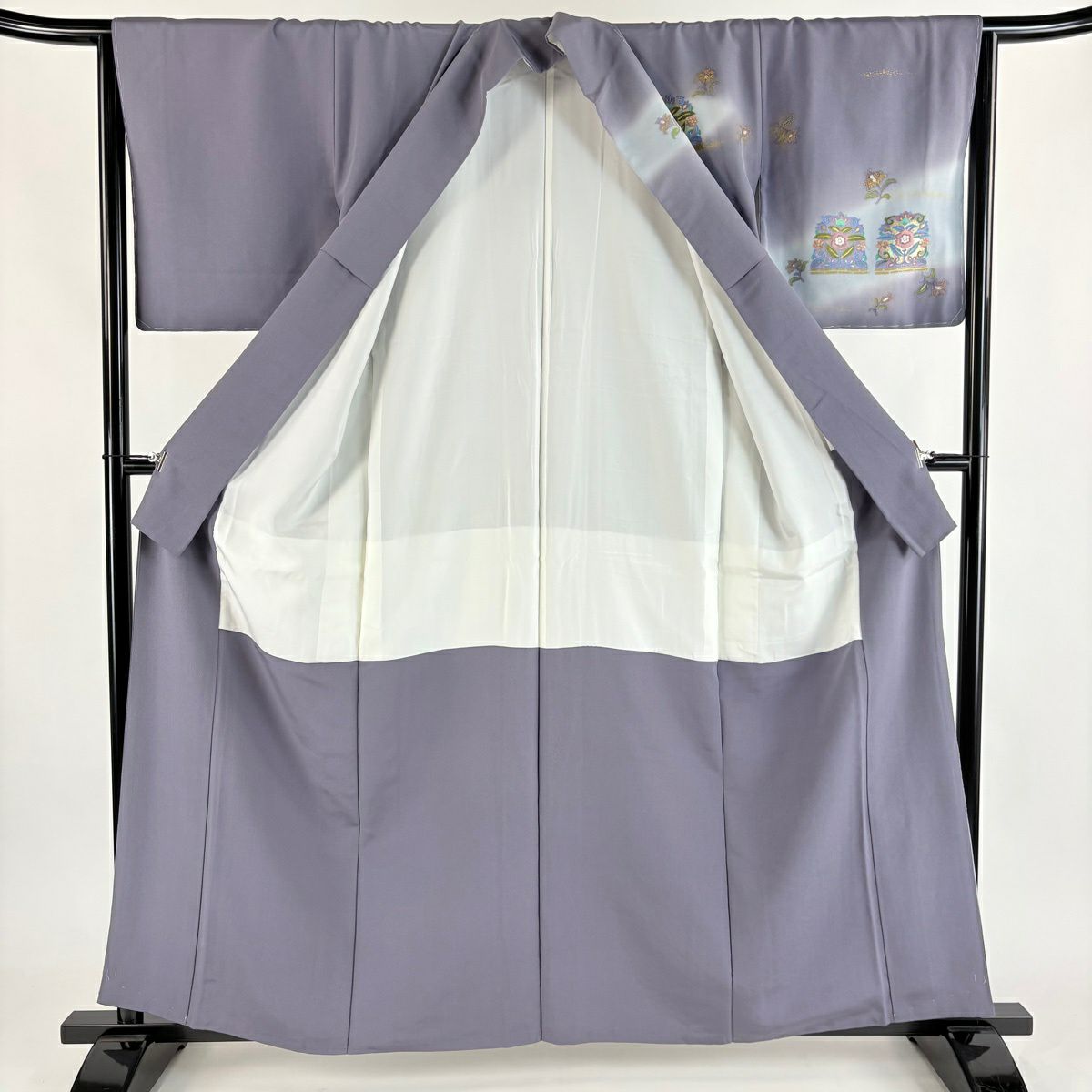 訪問服 身長160cm 袖長65.5cm M 雙層 華紋 花唐草紋 刺繡 金糸 灰紫 純蠶絲 名品級