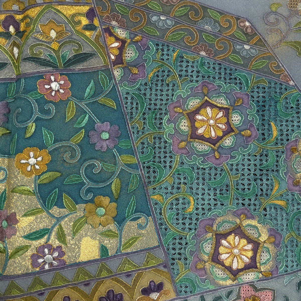 訪問服 身長160cm 袖長65.5cm M 雙層 華紋 花唐草紋 刺繡 金糸 灰紫 純蠶絲 名品級