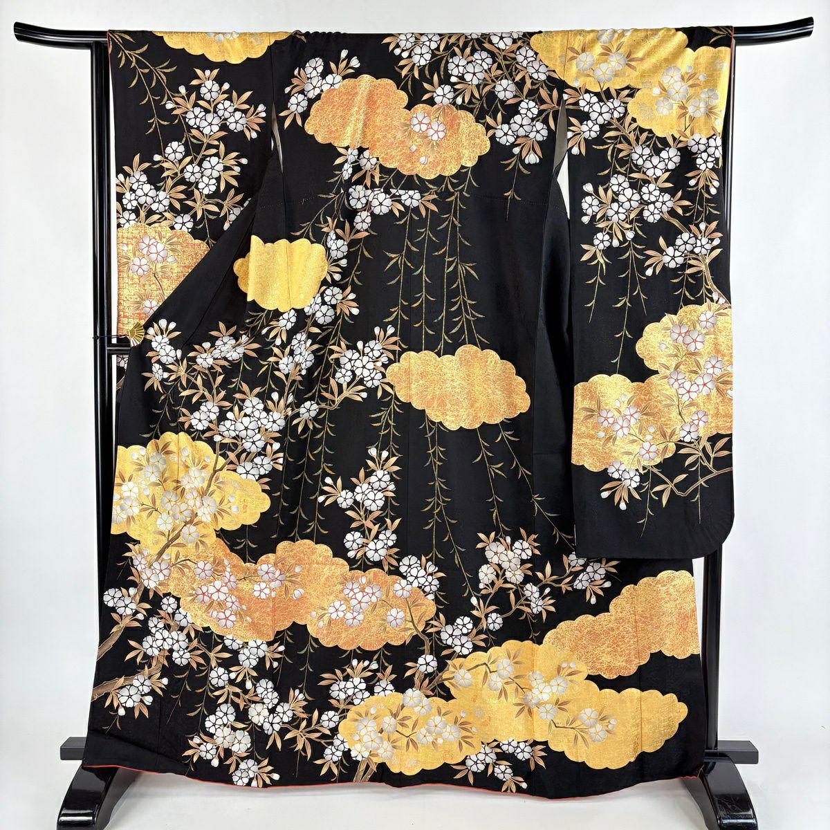振袖禮服 身長166cm 袖長66cm M 雙層 櫻花 雲紋 金絲 金銀彩 黑色 純蠶絲 名品級