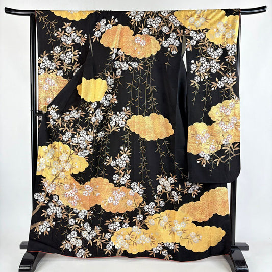 振袖禮服 身長166cm 袖長66cm M 雙層 櫻花 雲紋 金絲 金銀彩 黑色 純蠶絲 名品級