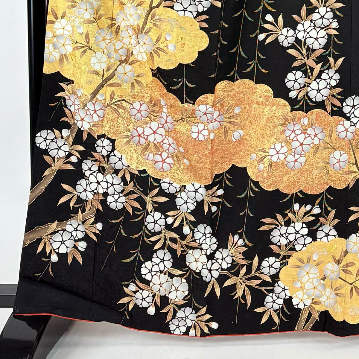 振袖禮服 身長166cm 袖長66cm M 雙層 櫻花 雲紋 金絲 金銀彩 黑色 純蠶絲 名品級
