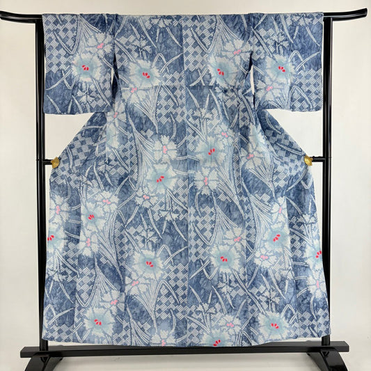 【美品】 浴衣 身長155.5cm 袖長64cm M 絞染浴衣 草花紋紋 變化市松樹 深灰藍 純棉 名品級