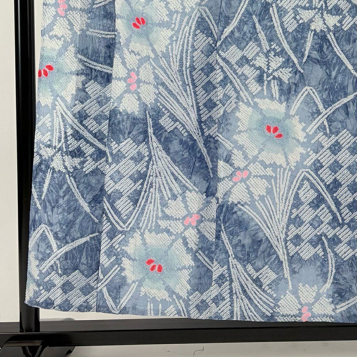 【美品】 浴衣 身長155.5cm 袖長64cm M 絞染浴衣 草花紋紋 變化市松樹 深灰藍 純棉 名品級