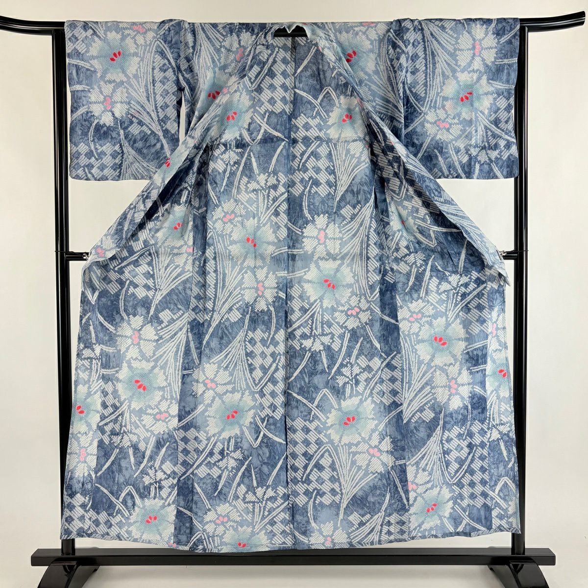 【美品】 浴衣 身長155.5cm 袖長64cm M 絞染浴衣 草花紋紋 變化市松樹 深灰藍 純棉 名品級