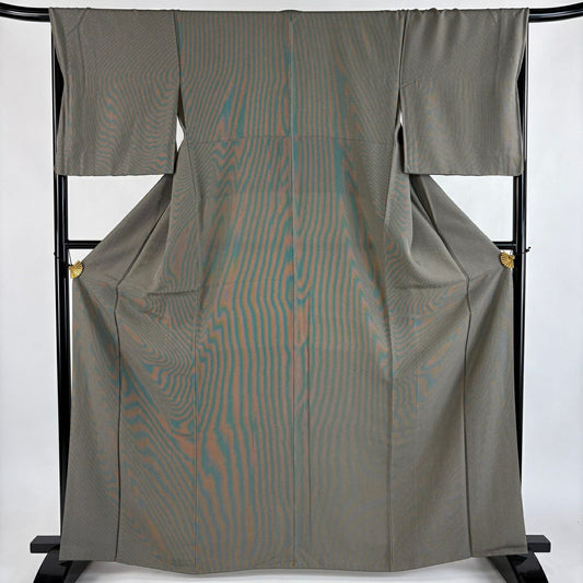 【美品】 江戶小紋 身長163.5cm 袖長68cm L 雙層 鈴乃屋 萬筋 灰綠 純蠶絲 名品級