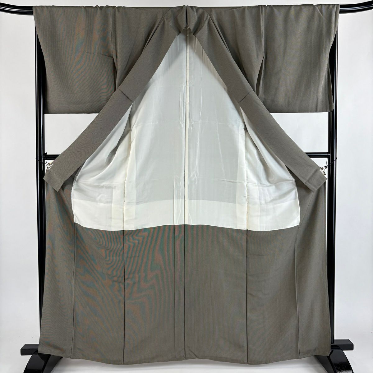 【美品】 江戶小紋 身長163.5cm 袖長68cm L 雙層 鈴乃屋 萬筋 灰綠 純蠶絲 名品級