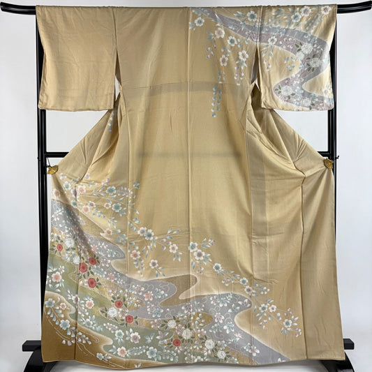 訪問服 身長166.5cm 袖長68.5cm L 雙層 草花紋紋 霞 金銀彩 漸層 米色 純蠶絲 名品級