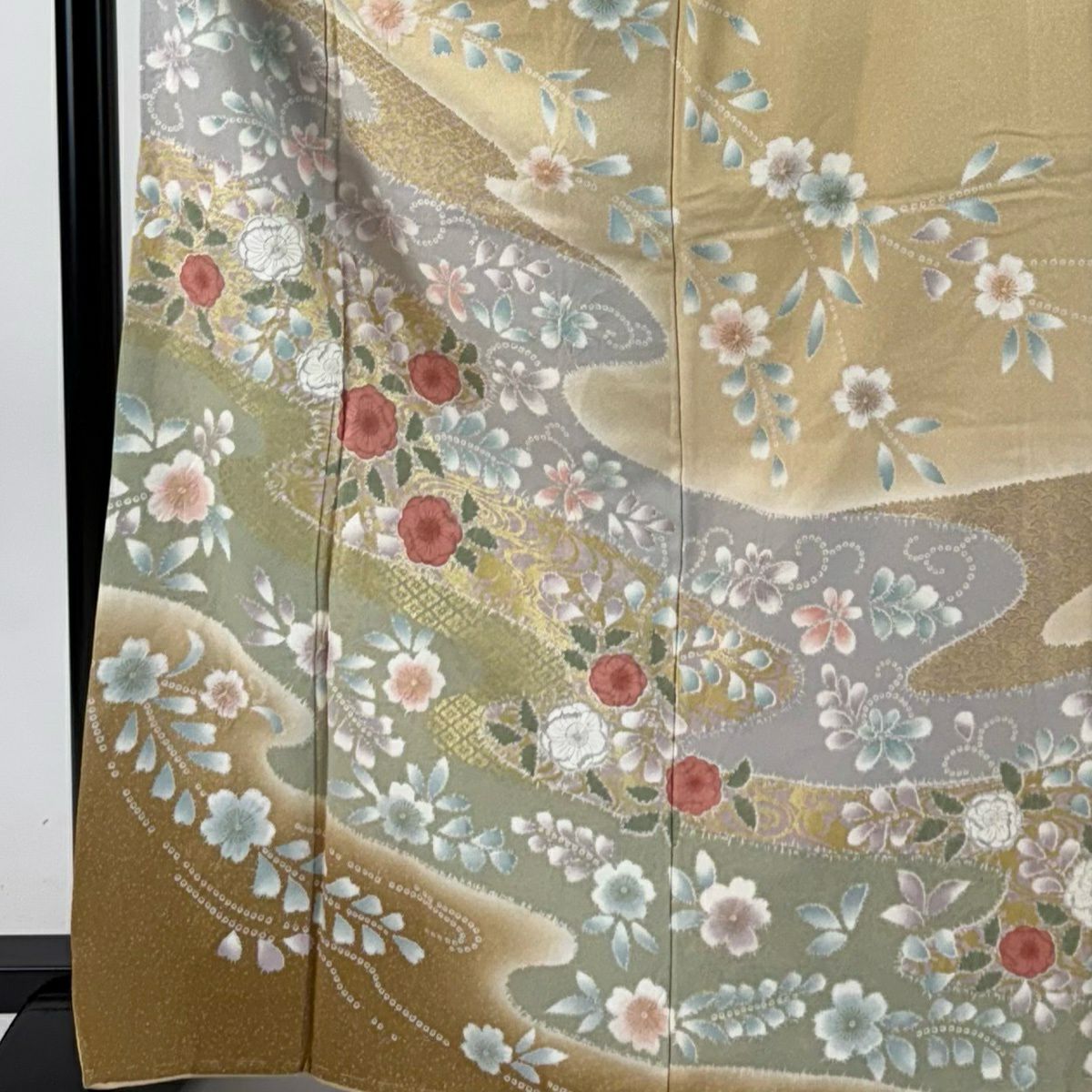 訪問服 身長166.5cm 袖長68.5cm L 雙層 草花紋紋 霞 金銀彩 漸層 米色 純蠶絲 名品級