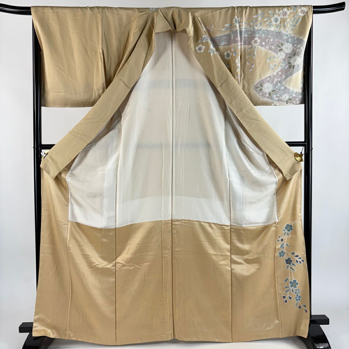訪問服 身長166.5cm 袖長68.5cm L 雙層 草花紋紋 霞 金銀彩 漸層 米色 純蠶絲 名品級