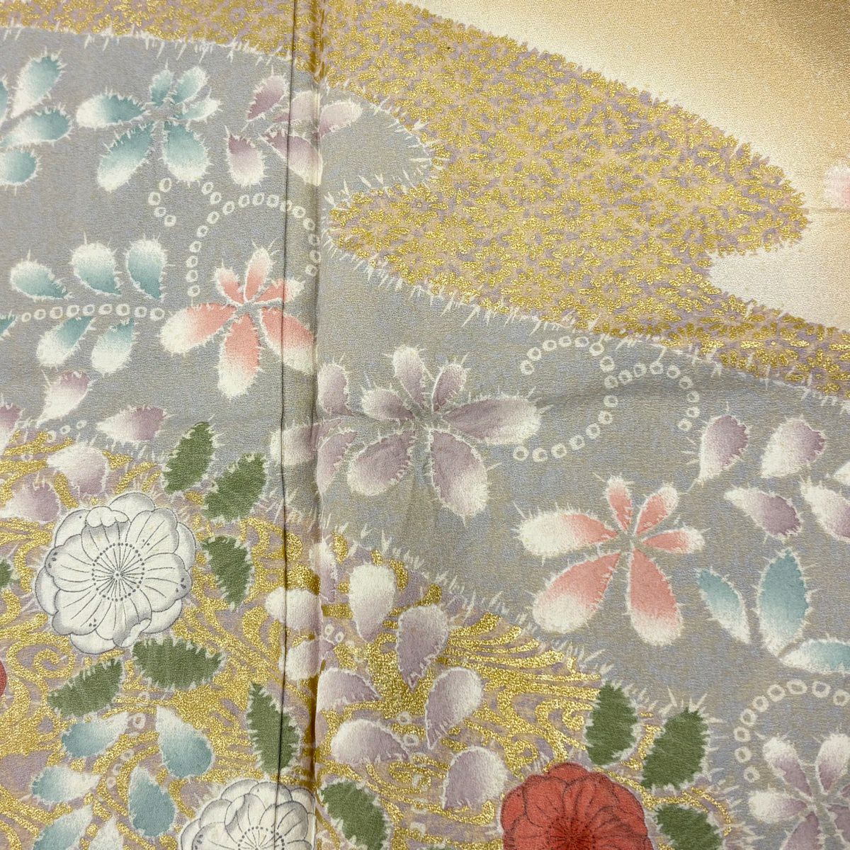 訪問服 身長166.5cm 袖長68.5cm L 雙層 草花紋紋 霞 金銀彩 漸層 米色 純蠶絲 名品級
